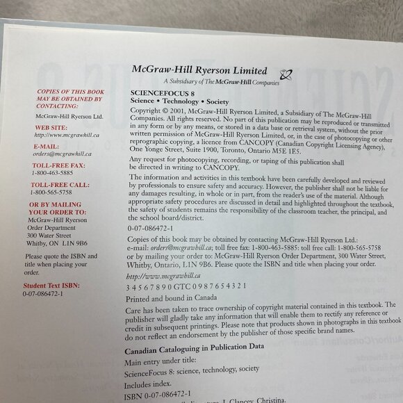 2001 SCIENCE FOCUS 8 Hardcover Book by McGraw Hill Ryerson - Picture 5 of 11